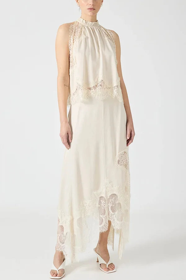 Fashion O-neck Sleeveless Top & Long Skirt Suit Women Sexy Lace Patchwork Solid Party Outfits Elegant Hollow Out Loose 2Pc Sets