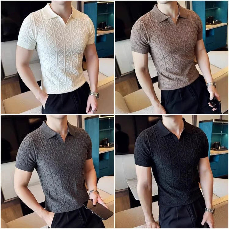 Summer Knitted Solid Color V-Neck Quick Drying Breathable Cool Business Slim Fit Casual Men's Golf Polo Shirt T-Shirt Top