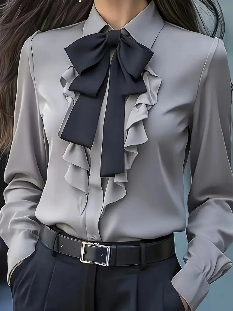 Women Casual Long Sleeve Blouse Elegant Lapel Bow Loose Shirt Spring Autumn Solid Office Lady Tunics Streetwear Oversize Tops