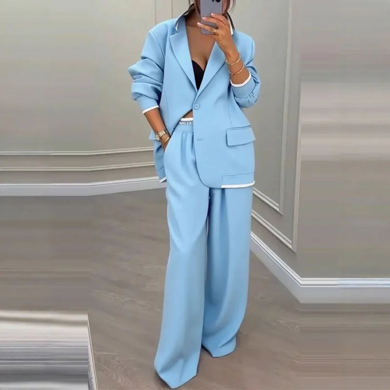 Autumn Casual Women's Suit Set Sexy Turn-down Collar Button Blazer & Straight-leg Pants Set Winter Solid Long Sleeve Chic Outfit
