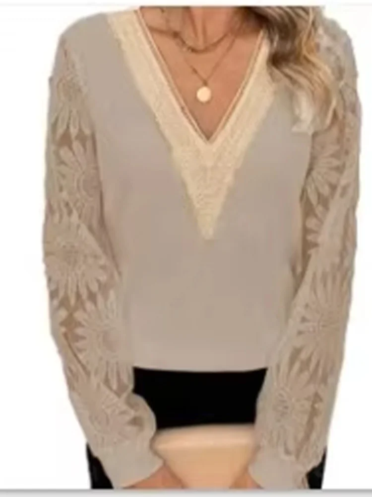 3 Solid Color Perspective Lace Long Sleeve Blouse Women's V-Neck Hollowed Out T-Shirt Elegant Daily Office Autumn Top