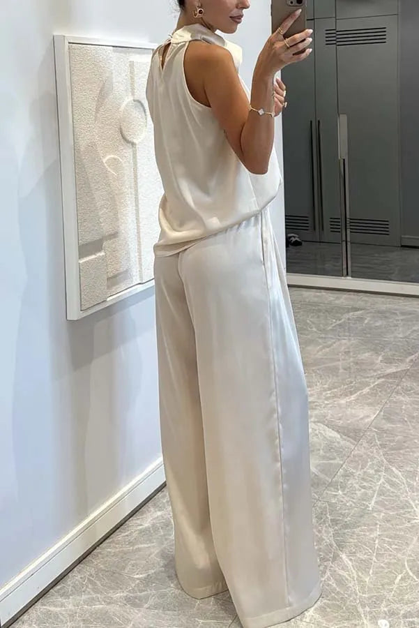 Summer Women Casual Satin Solid Color Commuting Suit Simple Loose Outfit Fashion O-neck Sleeveless Top and Long Pants 2pcs Set