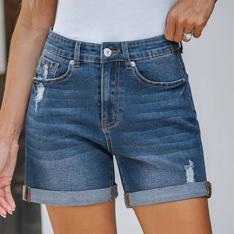 Pantalones cortos vaqueros desgastados y enrollados para mujer, novedad de verano, pantalones cortos vaqueros rectos adelgazantes, moda coreana, pantalones cortos lisos para mujer