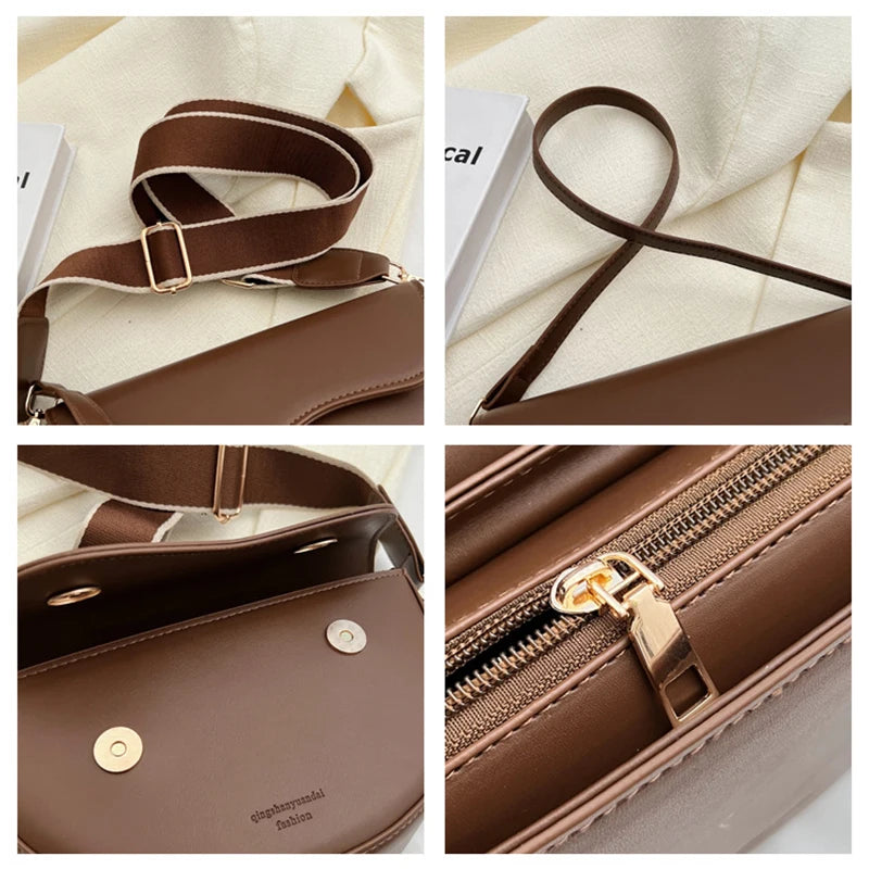 Women Vintage Solid Color Flap Small Saddle Shoulder Underarm Bag Fashion PU Leather Wide Strap Crossbody Bag