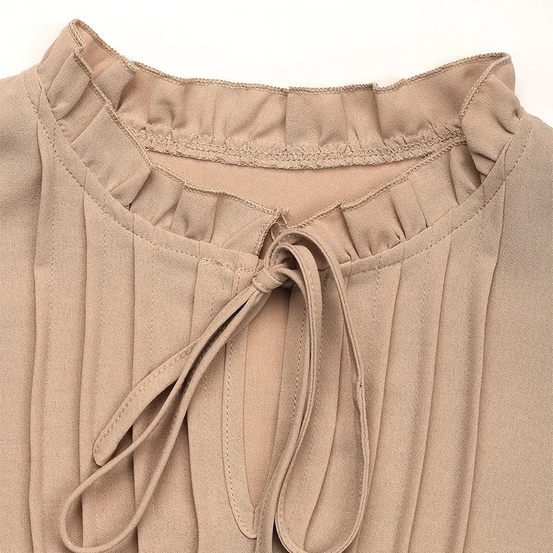 2025 Spring Khaki Casual V Neck Pullover Top Women Lantern Long Sleeve T-shirt Lady Elegant Autumn Ruffle Club Tops Clothes