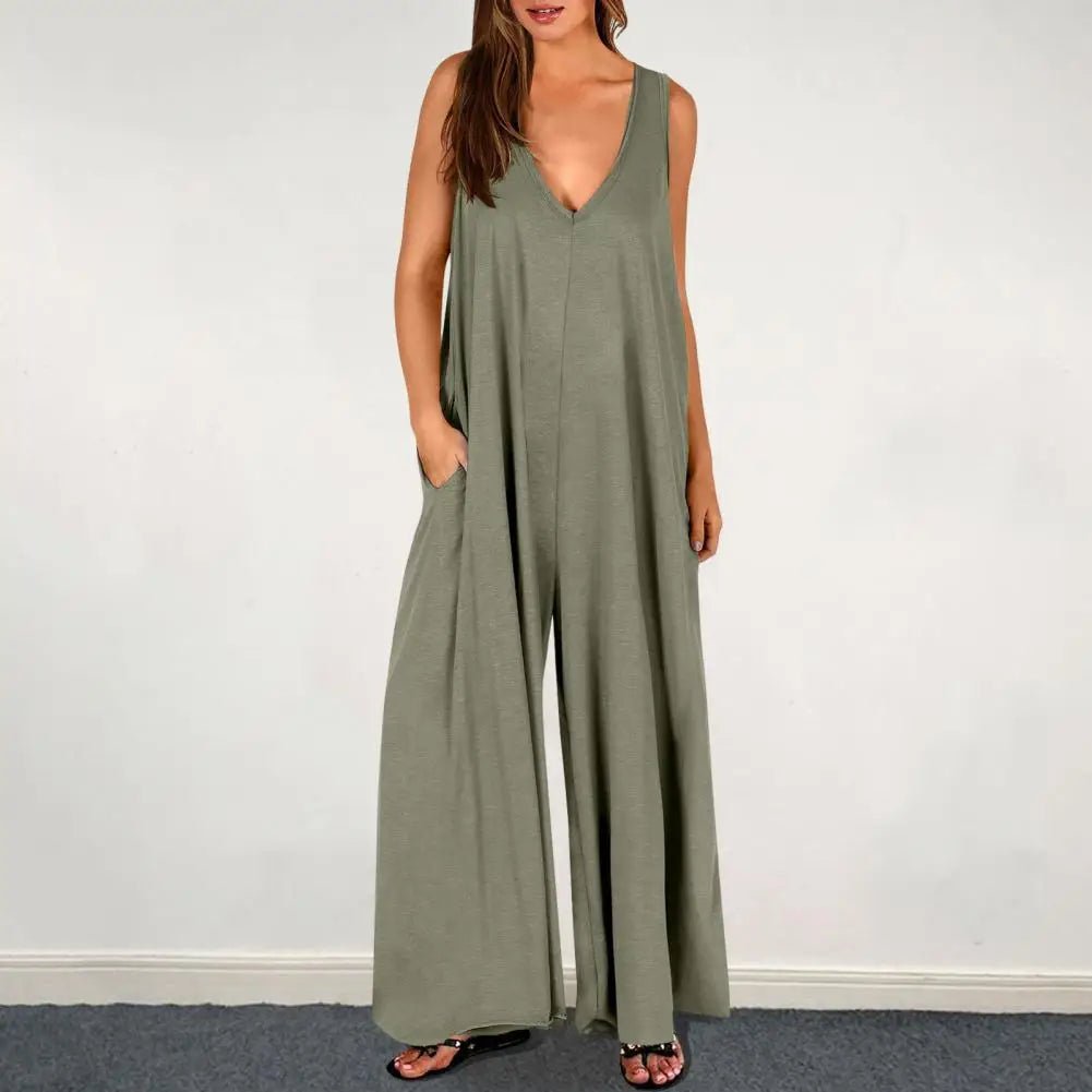 Mono de Color liso para mujer, mono de pierna ancha, mono elegante de verano para mujer con corte bajo, cuello en V, pierna ancha plisada, suelto para usar