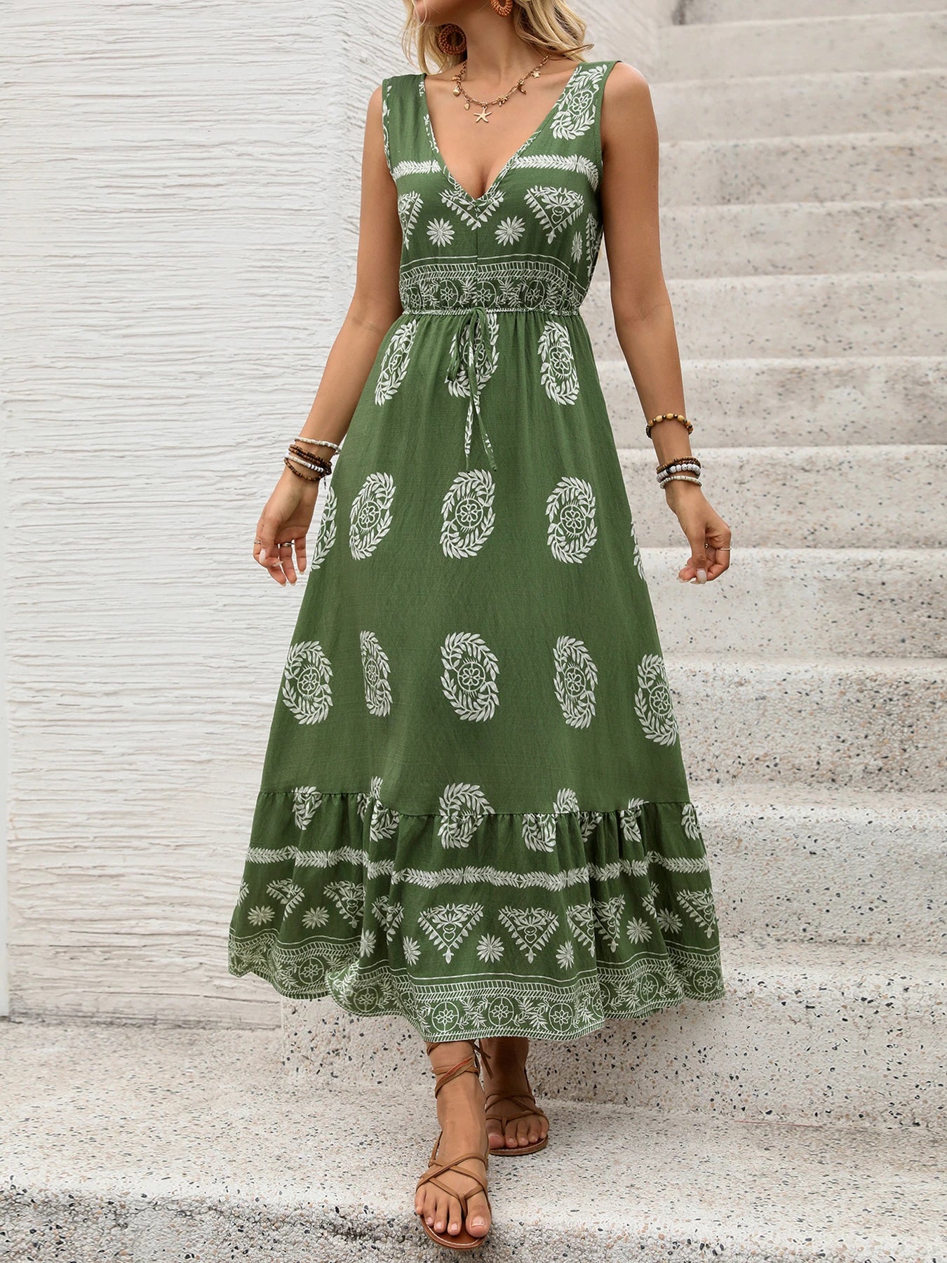 2025 summer hot selling new sleeveless printed dress national holiday style V-neck long skirt women