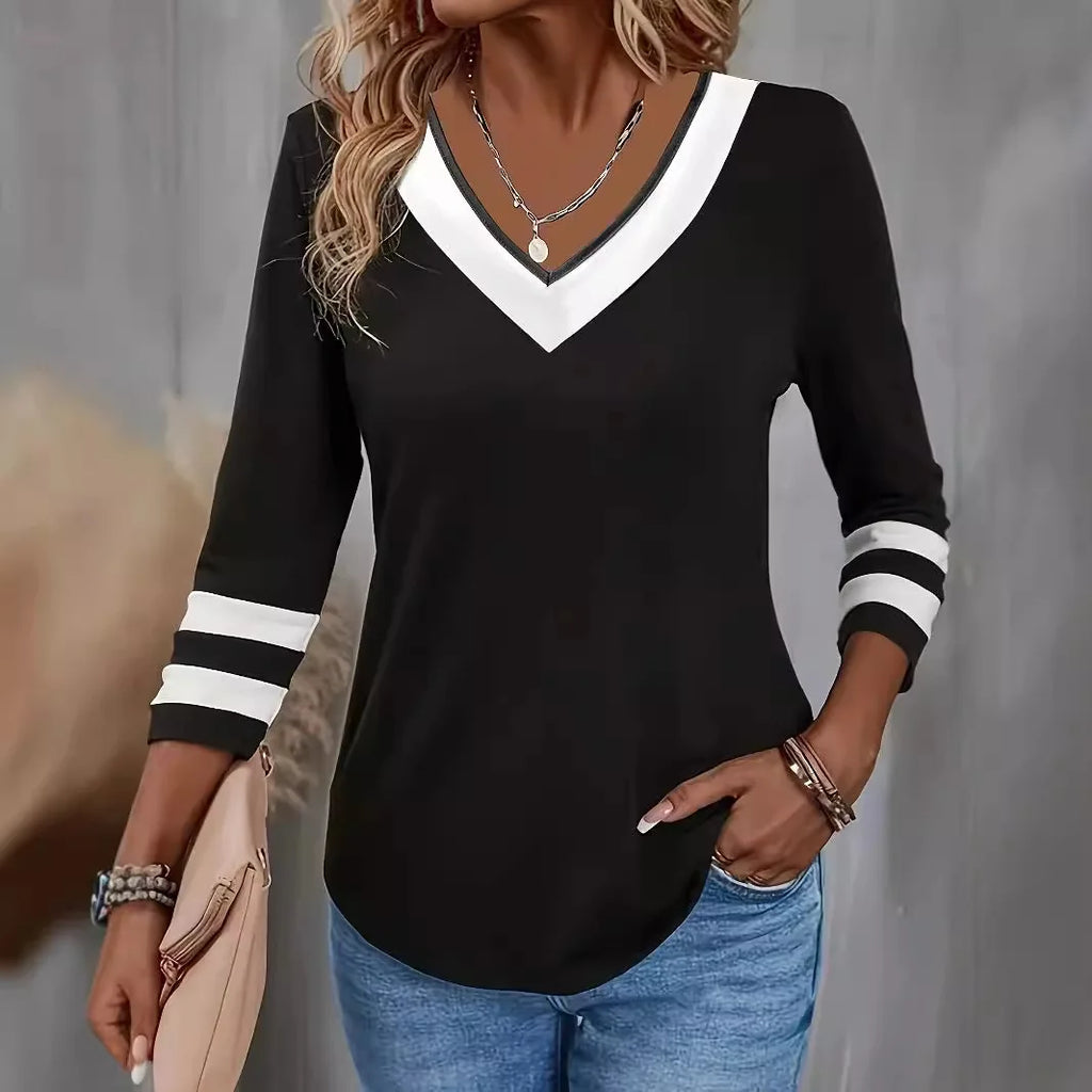 Women Top Stripe Print T Shirt 2025 Autumn Winter V Neck Full Sleeve Tees Patchwork Office Lady Casual Female Basis Tops