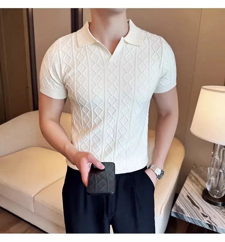 Summer Knitted Solid Color V-Neck Quick Drying Breathable Cool Business Slim Fit Casual Men's Golf Polo Shirt T-Shirt Top