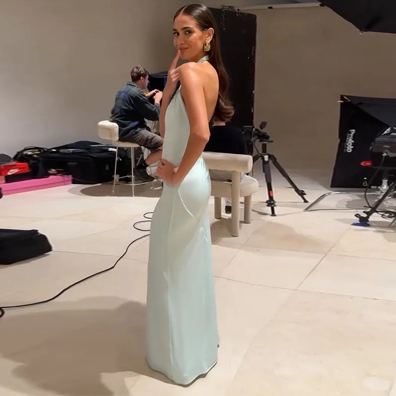 Women Long Bodycon Dress Sleeveless Halter Neck Backless Cold Shoulder Mermaid Guest Ruched Prom Party Club Going Out Maxi Dress