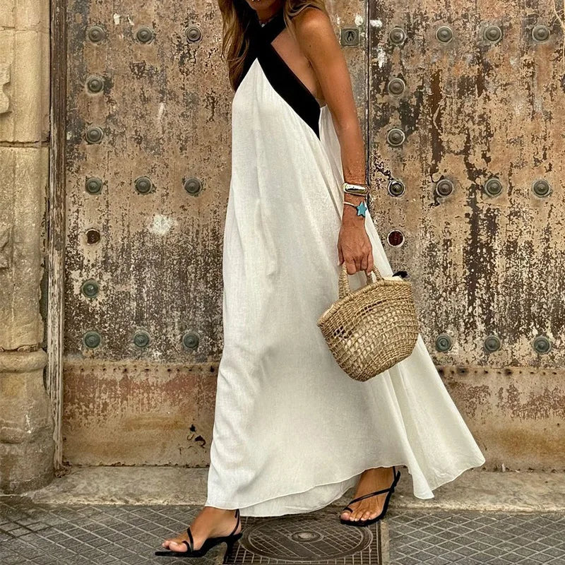 Summer Fashion Solid Color Hanging Neck Strap Sleeveless Cotton And Hemp Dresses Elegant Women's Sexy Cross Neck Maxi Vestidos