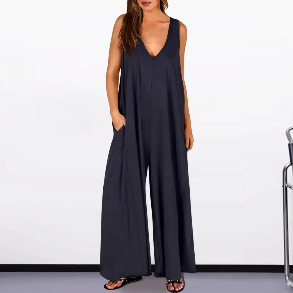 Mono de Color liso para mujer, mono de pierna ancha, mono elegante de verano para mujer con corte bajo, cuello en V, pierna ancha plisada, suelto para usar