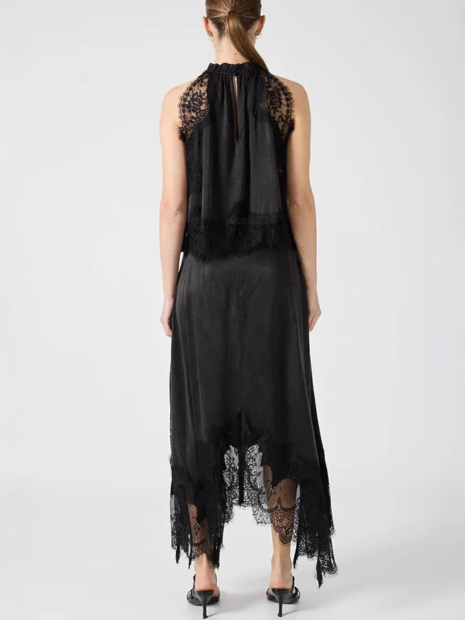Fashion O-neck Sleeveless Top & Long Skirt Suit Women Sexy Lace Patchwork Solid Party Outfits Elegant Hollow Out Loose 2Pc Sets