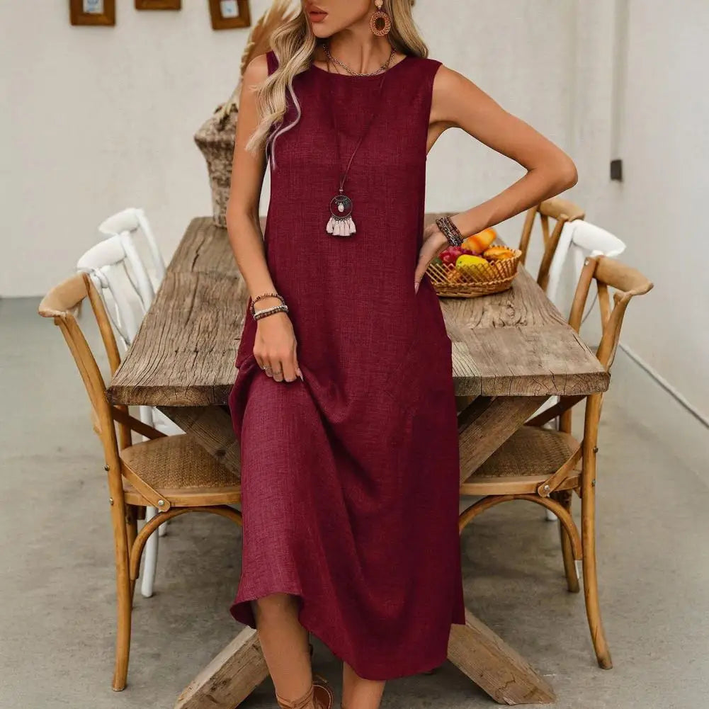 Women Fashion Solid Color Crew Neck Sleeveless Long Dress Dress Women's Maxi Dresses with Pockets for Summer Beach Vacation
