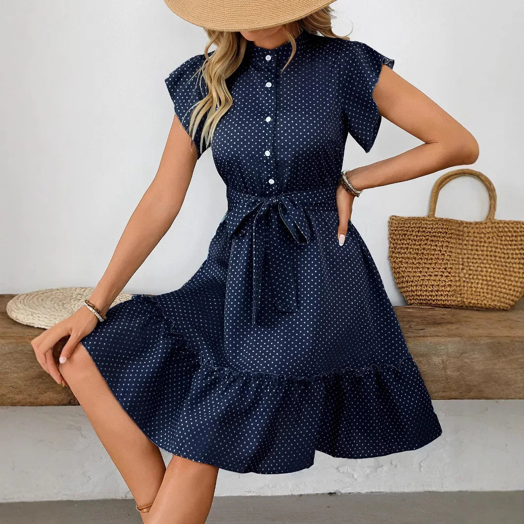 Elegant Summer Women's Dress with Pleated Sleeve A- Line Skirt Belted Midi Dress Chinese Style Fashionable Casual Dress