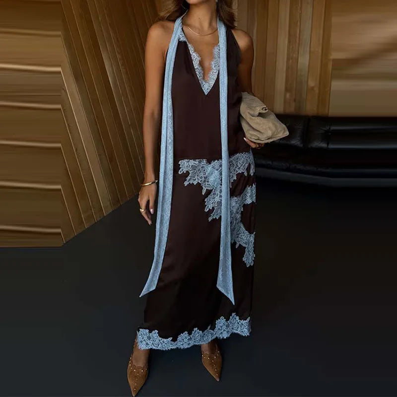Fashion Sleeveless Hollow Party Outfit Lace Patchwork Satin Slim 2 Piece Set Lady Temperament Halter Neck Top + Long Skirt Suit