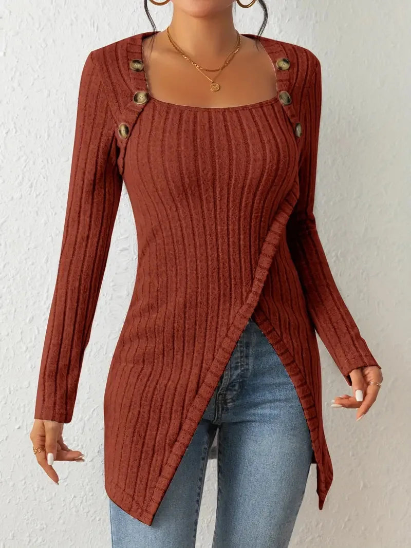 2025 Women's Button  Asymmetrical Hem T-Shirt Casual Fashion Square Neck Solid Long Sleeve Top For Spring Fall Women Clothing