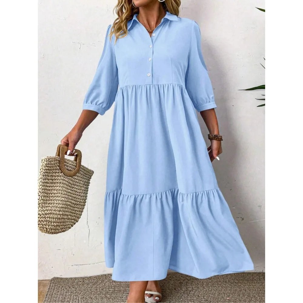 Plus Size Casual Dress with Mid-Length Sleeves Front Pleated Button Detail Fashionable Everyday Wear for Women Dress