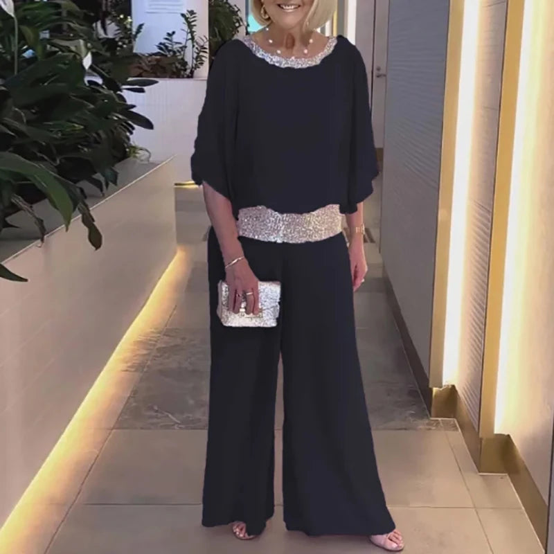 Pink Sequin Spinning Tunic Suit Women Spring O Neck Top Pullover & Wide Leg Pants Outfit Summer Batwing Sleeve Loose Chiffon Set