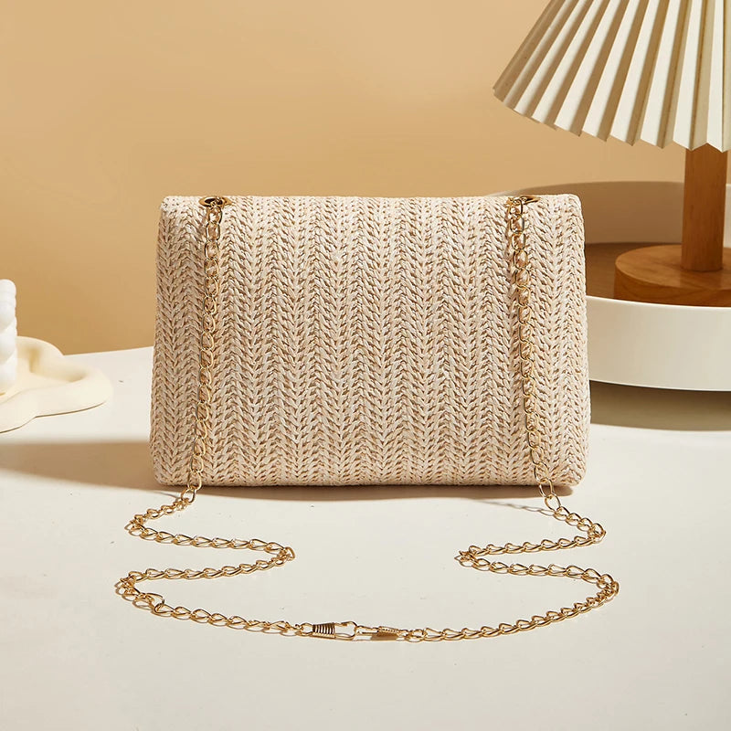 Fashion Straw Women Chain Shoulder Bag Woven High Capacity Buckle Closure Clutch Handmade Crossbody Bag Women
