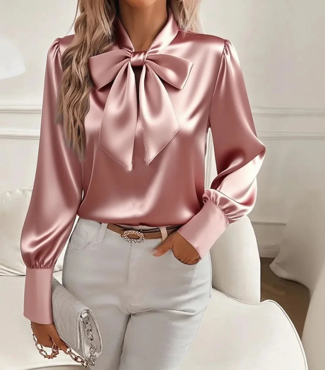 Elelgant Bow Loose Blouse Women 2025 Autumn Winter Fashion Long Sleeve Shirts Tops Casual