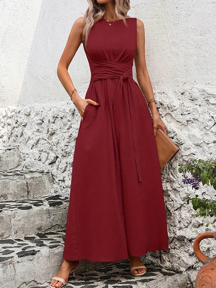 Stylish Sleeveless Summer Dress A-line Maxi Long Dresses With Pockets Sashes Solid Elegant Women's Dresses 2025 Woman Clothing