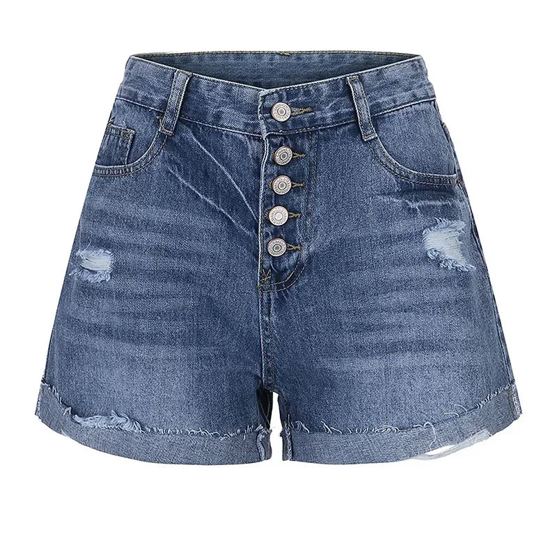 Pantalones cortos adelgazantes de estilo americano versátiles de alta calidad para mujer, pantalones vaqueros para mujer, pantalones cortos con botones perforados, pantalones cortos vaqueros con bordes enrollados para niñas