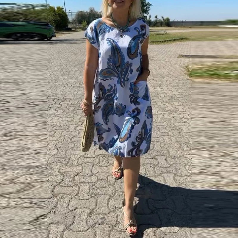 Casual High Waisted Loose Pocket Dress Women Short Sleeve O Neck Vestidos Dress Retros Pattern Printed Loose Commute Mid Dresses