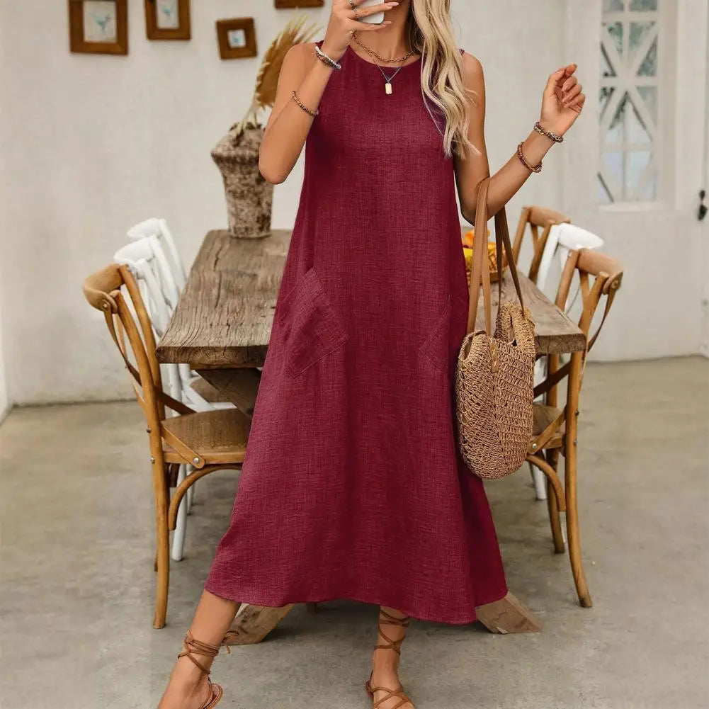 Women Fashion Solid Color Crew Neck Sleeveless Long Dress Dress Women's Maxi Dresses with Pockets for Summer Beach Vacation