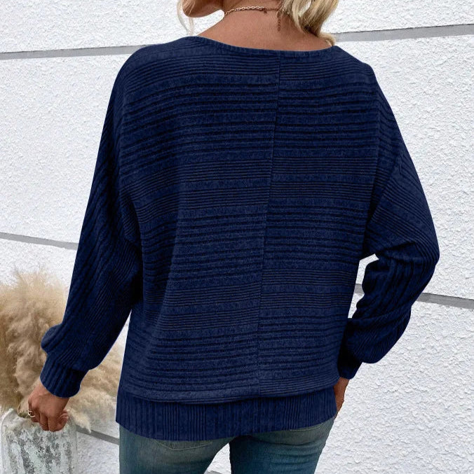 Khaki Casual Ladies T-shirt Round Neck Pullover Long Sleeved Groove Striped Bat Sleeve Splicing Solid Color T-shirt Top New 2025