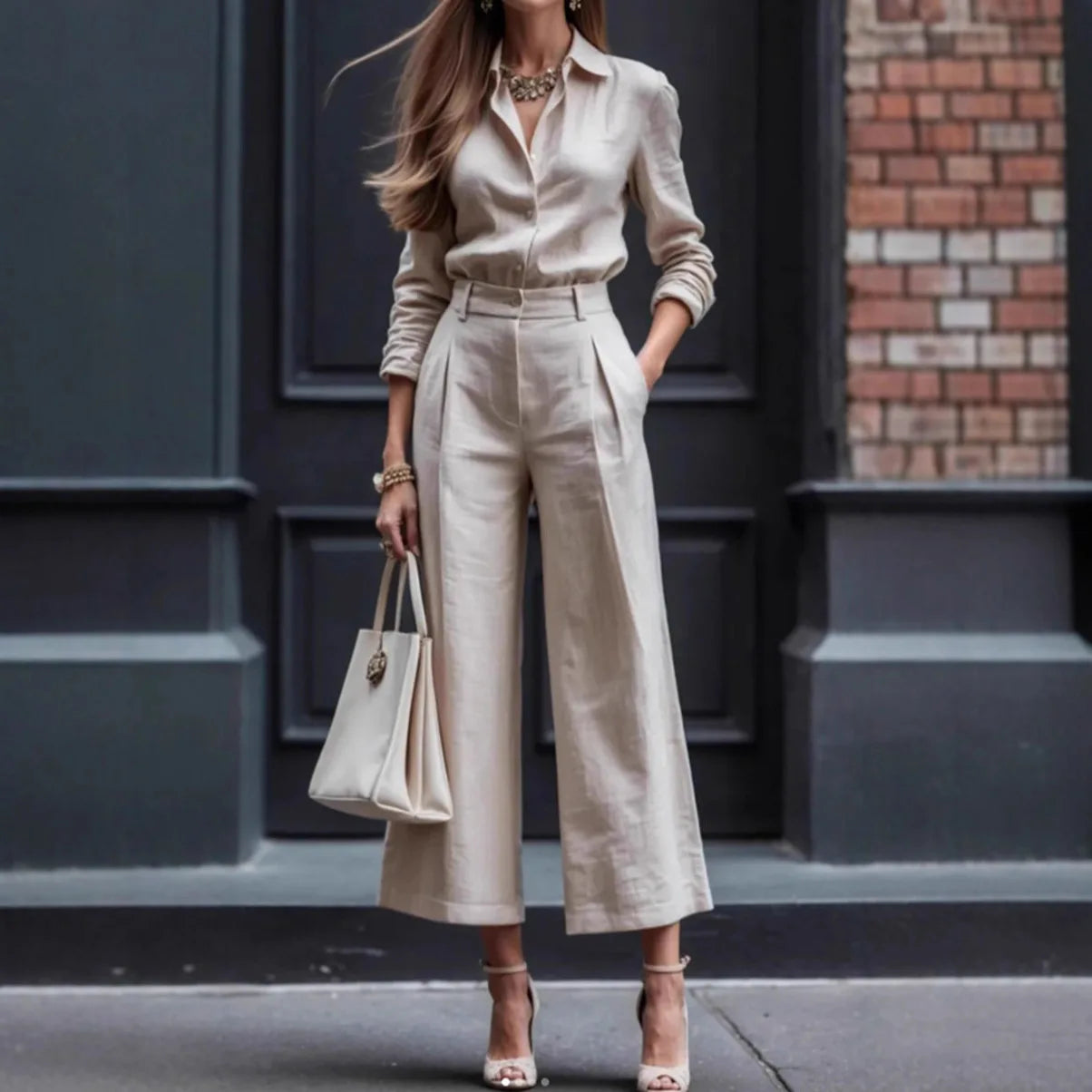 Women Two Pieces Pants Sets Casual Matching Sets Pant Button Long Sleeve Top Empire Waist Zipper Fly Pant Loose Work 2025 Spring