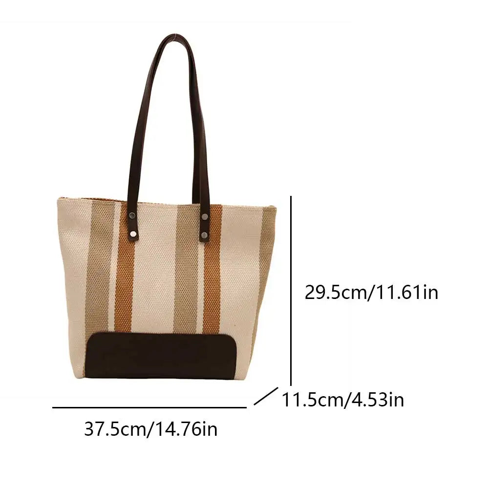 Women Canvas Tote Bag Striped Shoulder Bag Trendy Large Capacity Satchel Bag for Work Travel Shopping