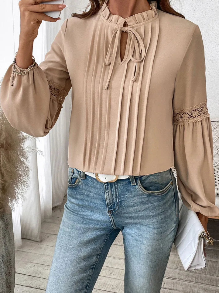 2025 Spring Khaki Casual V Neck Pullover Top Women Lantern Long Sleeve T-shirt Lady Elegant Autumn Ruffle Club Tops Clothes