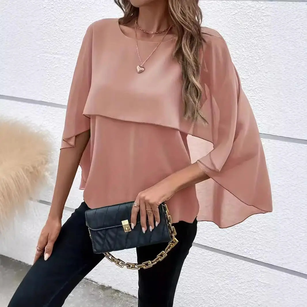 Women's Layered Cape Sve irt Faionable Transformed Design round Ne Mid-Length Casual Wear Polyester Fiber Summer