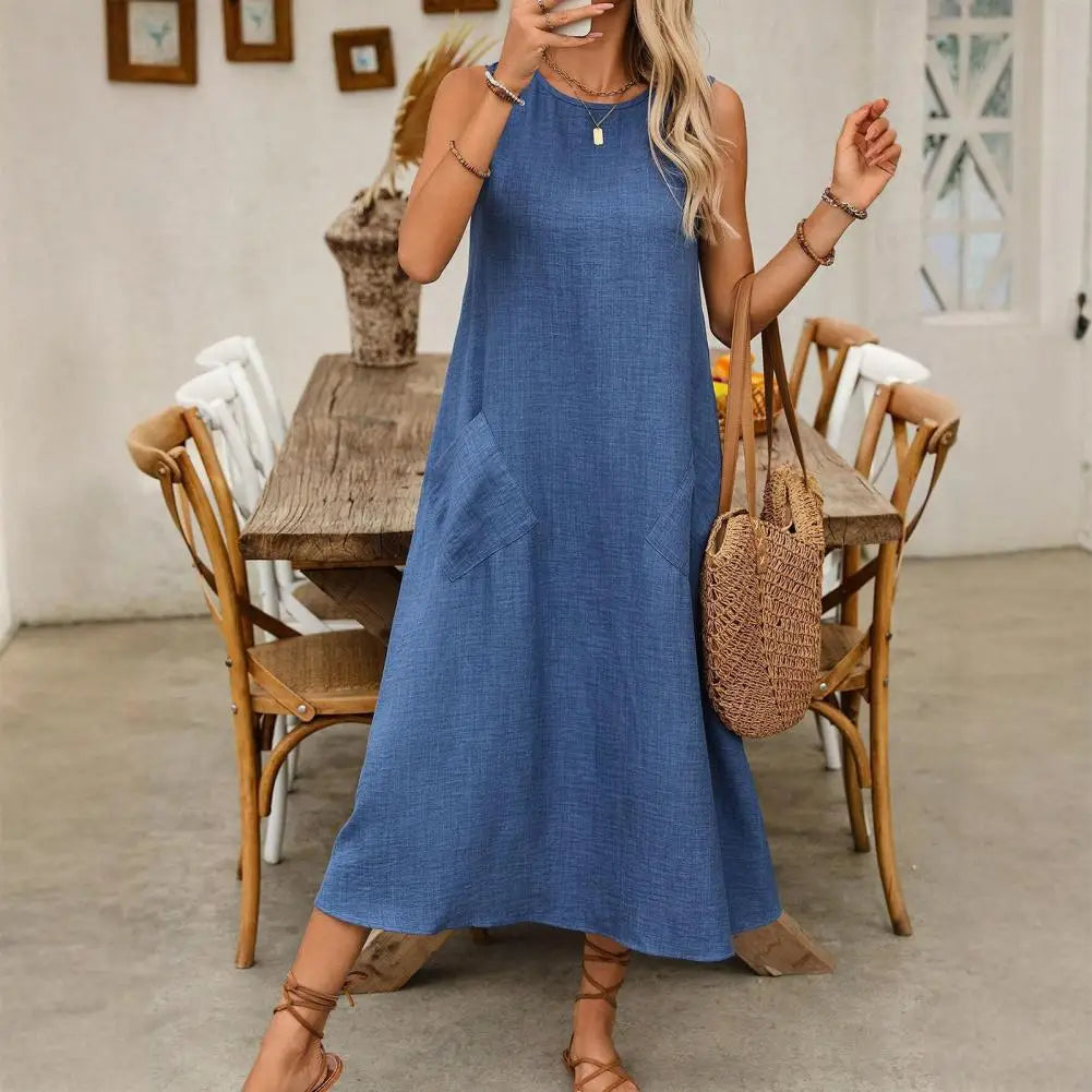 Women Fashion Solid Color Crew Neck Sleeveless Long Dress Dress Women's Maxi Dresses with Pockets for Summer Beach Vacation