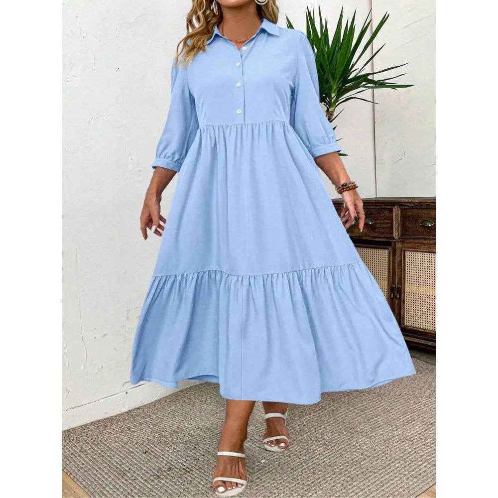 Plus Size Casual Dress with Mid-Length Sleeves Front Pleated Button Detail Fashionable Everyday Wear for Women Dress