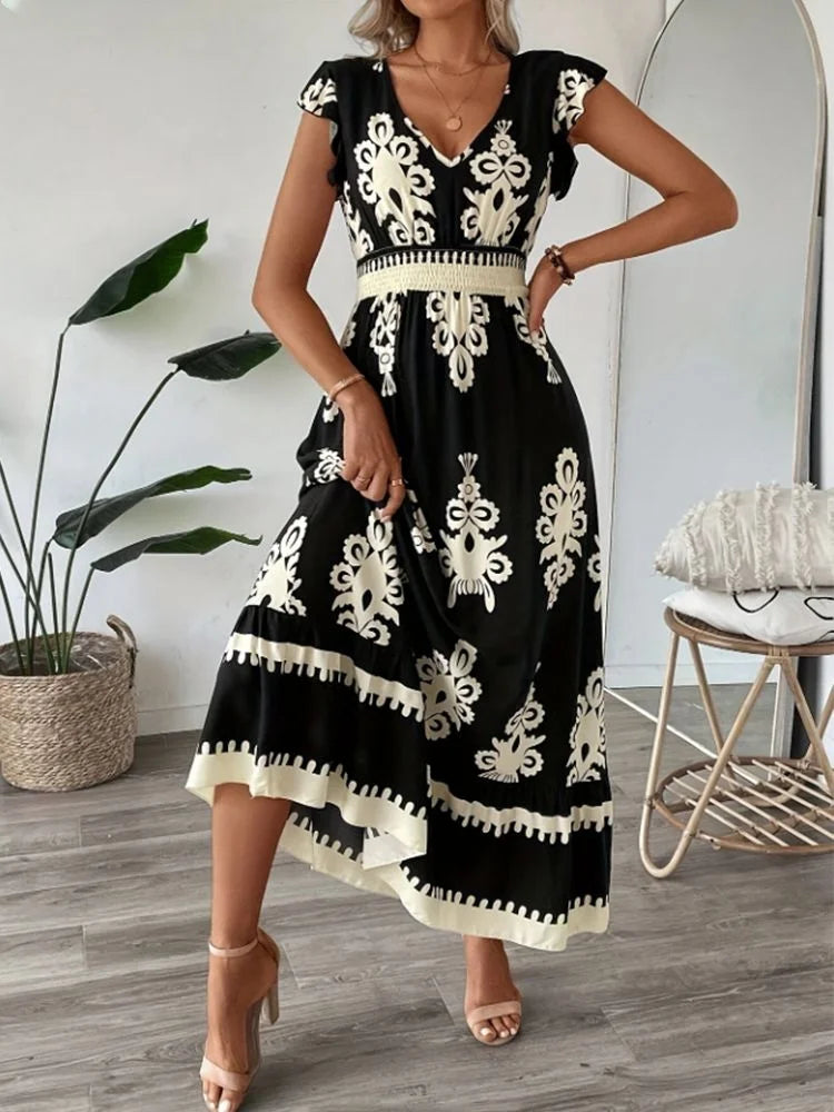 Women Elegant V Neck Short Sleeves Dresses Geometric Pattern Vacation Style Floral Print Dress Beach Sundress Size S-XXL