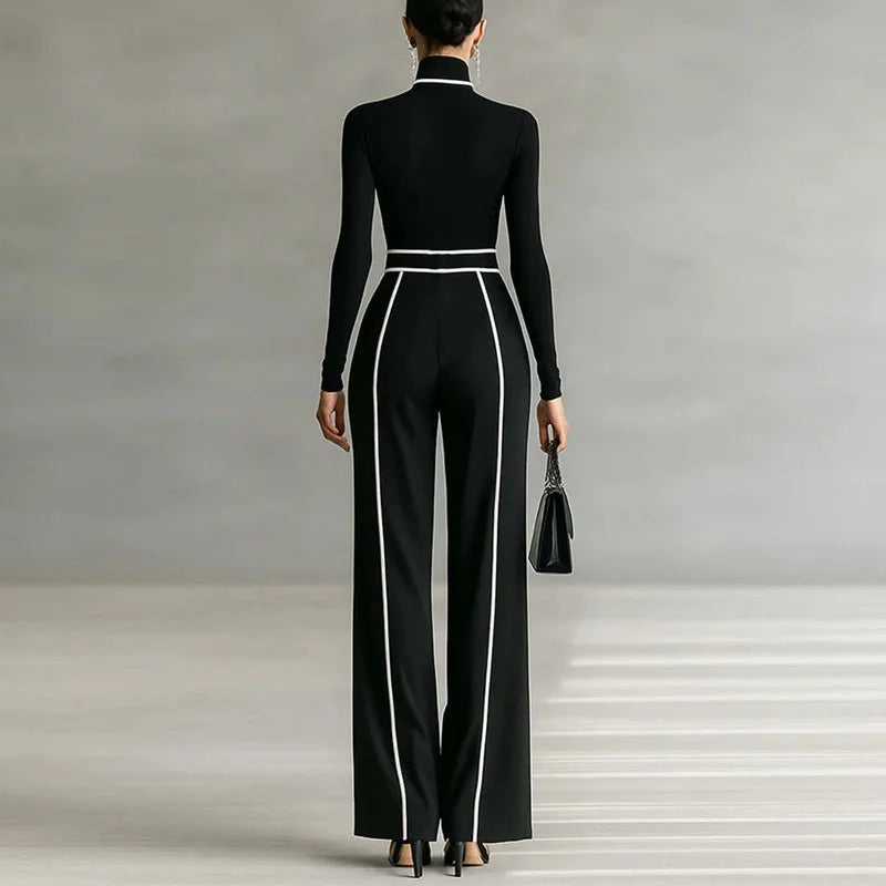 Winter Turtleneck Long Sleeve 2 Piece Sets Retro Solid Slim Top Pullover+Wide Leg Pant Suits Fall Contrast Color Straight Outfit