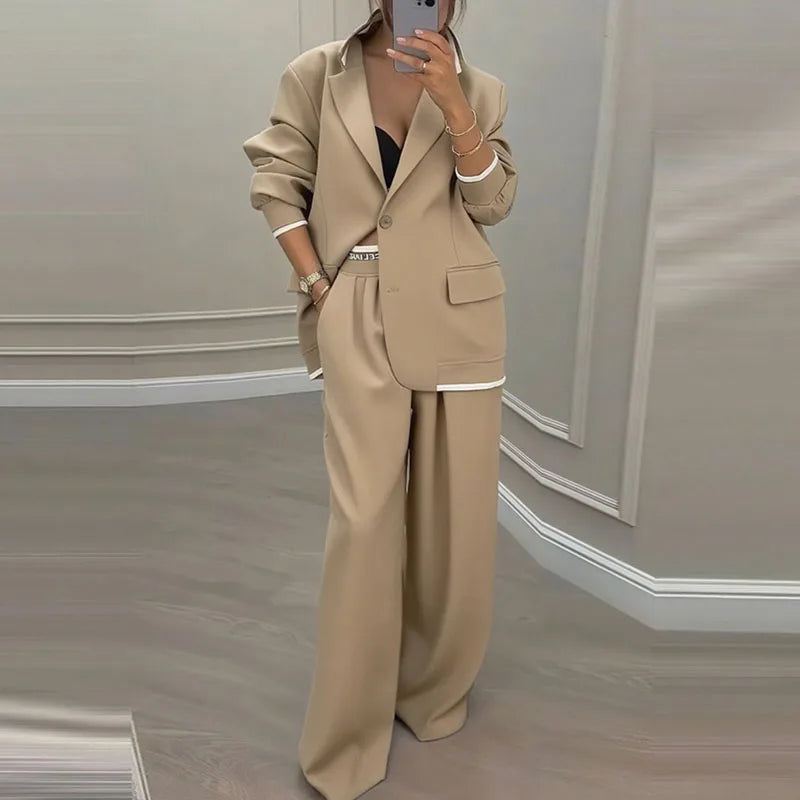 Autumn Casual Women's Suit Set Sexy Turn-down Collar Button Blazer & Straight-leg Pants Set Winter Solid Long Sleeve Chic Outfit