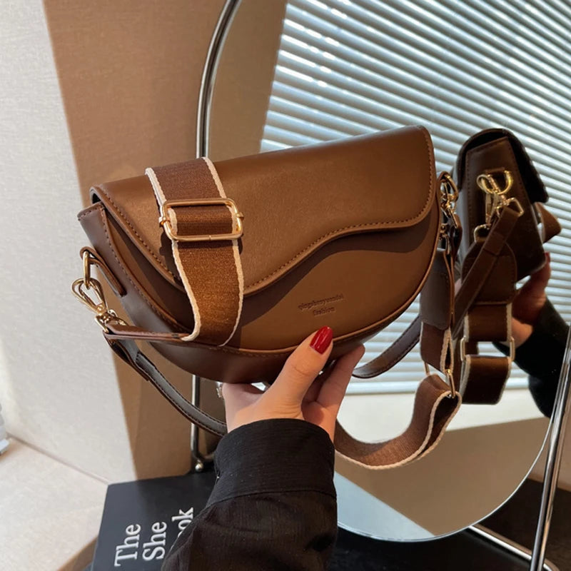 Women Vintage Solid Color Flap Small Saddle Shoulder Underarm Bag Fashion PU Leather Wide Strap Crossbody Bag