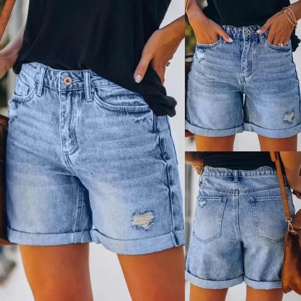 Pantalones vaqueros De bolsillo, pantalones cortos De mezclilla De verano, pantalones vaqueros para Mujer, pantalones cortos informales con agujero inferior, pantalones vaqueros De estilo roto, Pantalones De Mujer