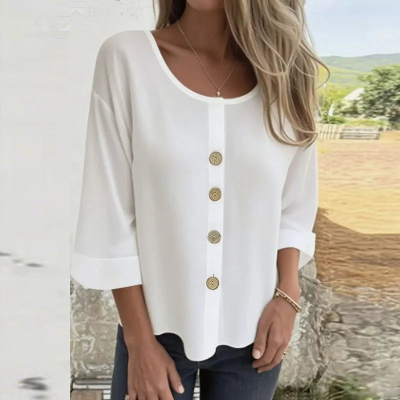 Simple Fashion Solid Cotton Linen Blouse Woman Elegant Crew Neck Button Top Pullover Autumn 3/4 Sleeve Loose Female Shirt Blusas