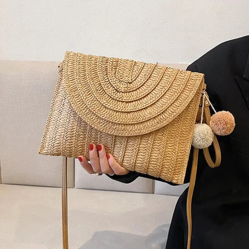 Handmade Straw Beach Shoulder Crossbody Bag Girls Envelope Woven Summer Small Hair Ball Cluth