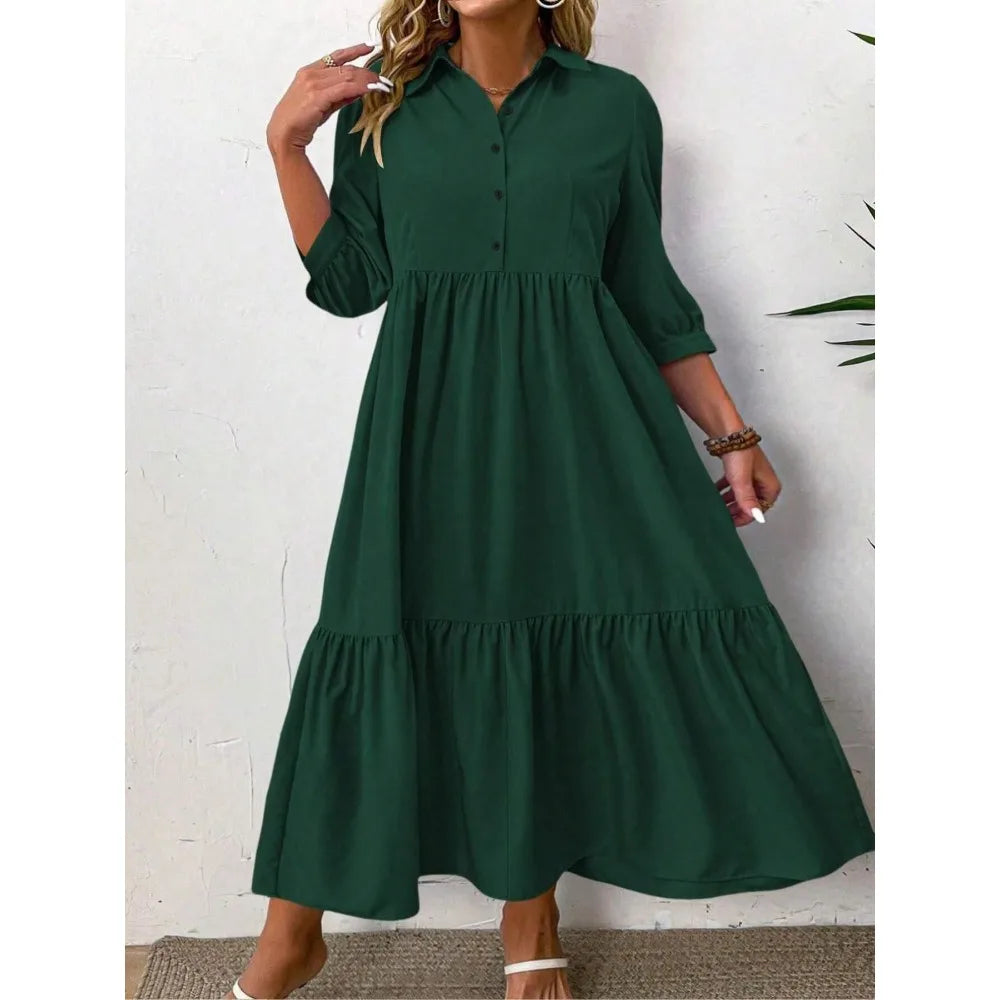 Plus Size Casual Dress with Mid-Length Sleeves Front Pleated Button Detail Fashionable Everyday Wear for Women Dress