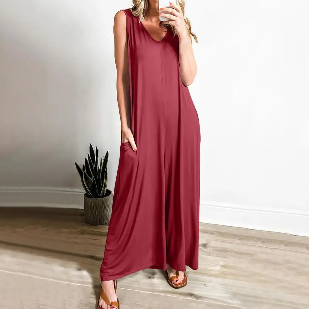 Mono de Color liso para mujer, mono de pierna ancha, mono elegante de verano para mujer con corte bajo, cuello en V, pierna ancha plisada, suelto para usar