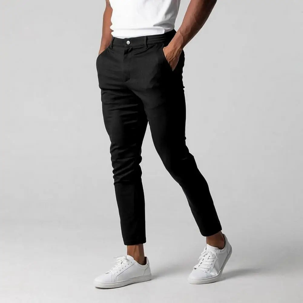 Solid Color Pants Elegant Slim Fit Men's Business Trousers with Elastic Waist Button Closure Pockets Solid Color for Comfort