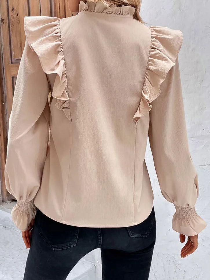 2025 Elegant Spring Female Solid Ruffle Shirt Women Casual Lantern Long Sleeve Top Autumn Office Lady Pullover Tops Clothes