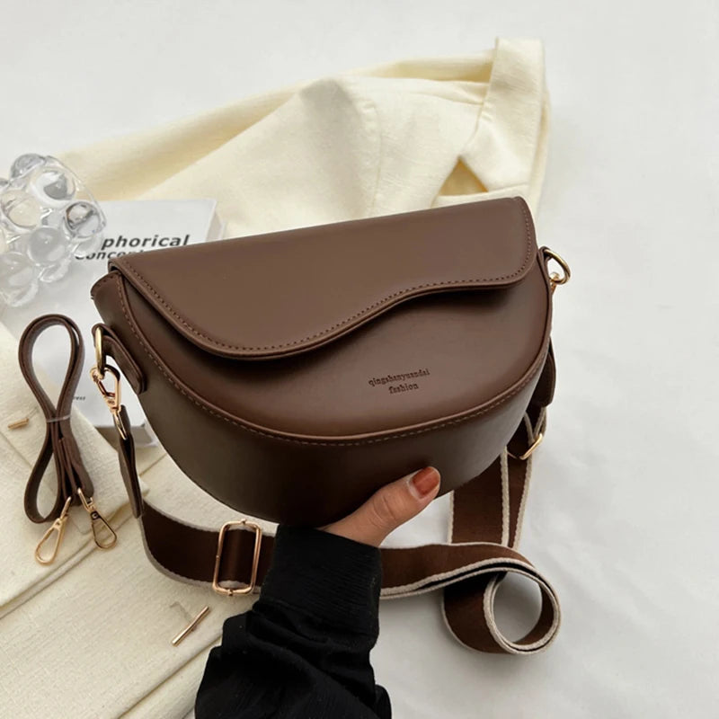 Women Vintage Solid Color Flap Small Saddle Shoulder Underarm Bag Fashion PU Leather Wide Strap Crossbody Bag