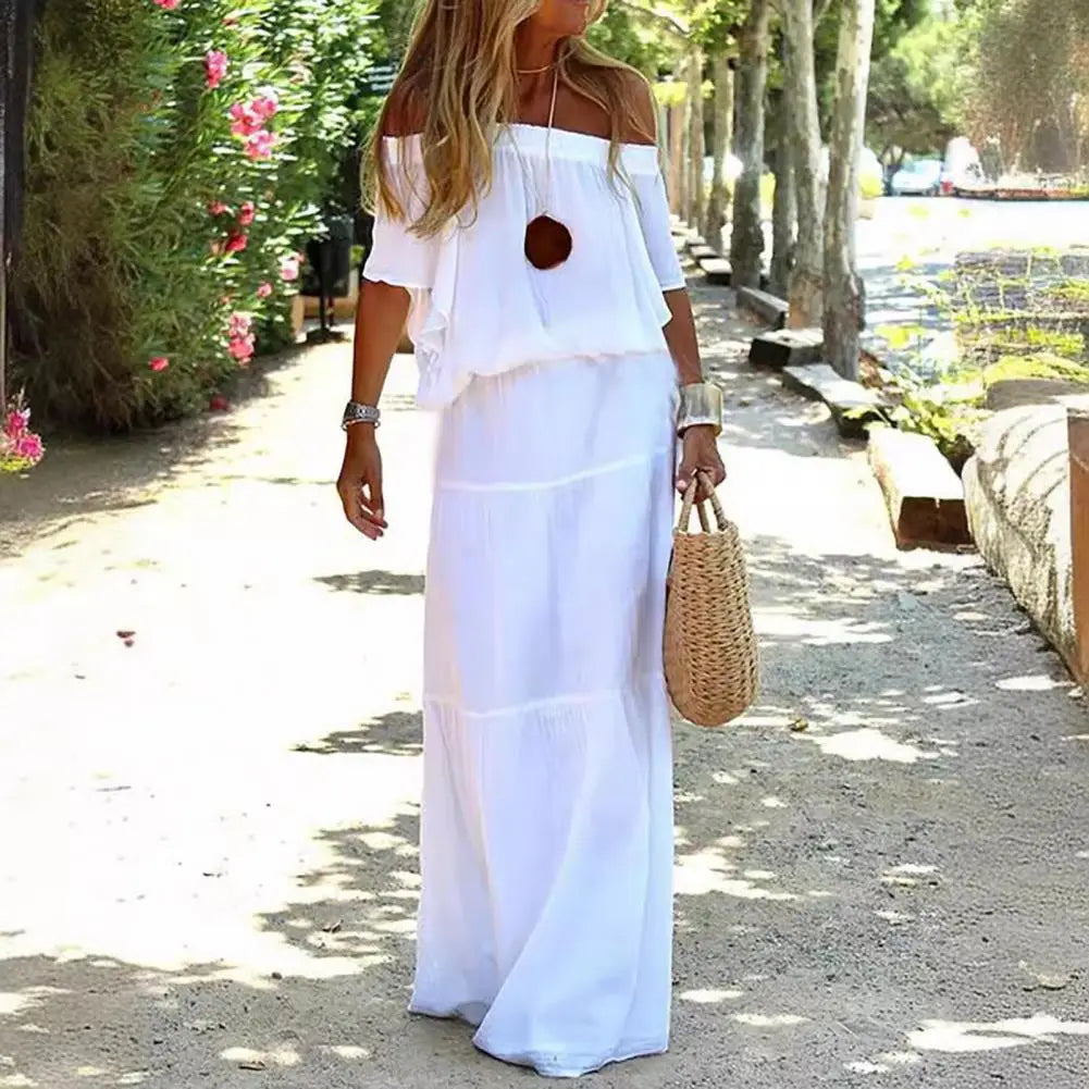 Casual Dress Off Shoulder Short Sleeve Elastic Waist Women Dress Solid Color Loose Cut Slim Party Dress