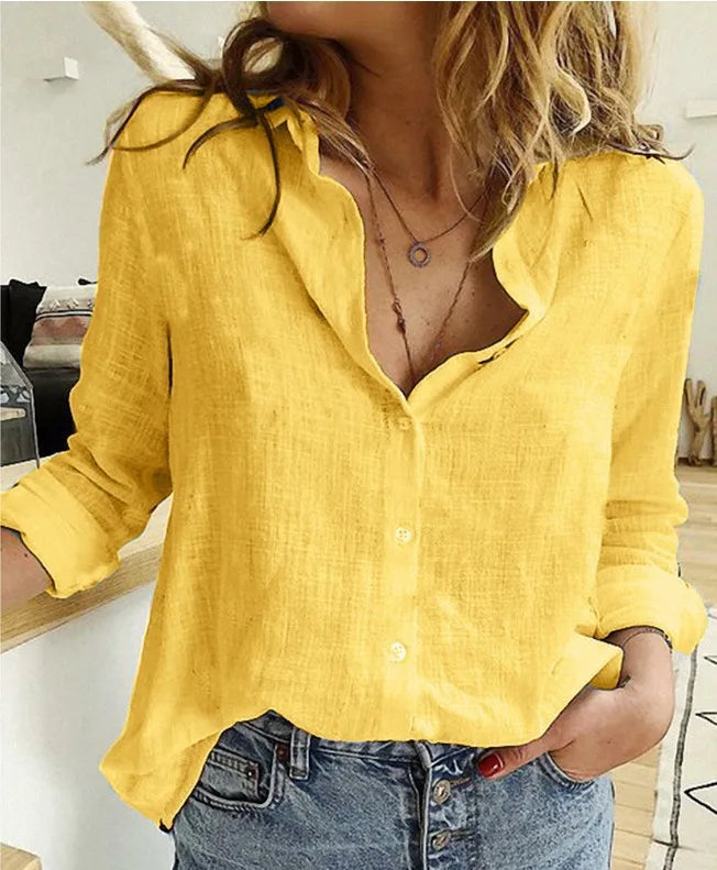 Camisas de verano para mujer, camisas de lino y algodón para primavera, Blusas informales con solapa y botones lisos, Tops holgados y elegantes de manga larga, Blusas tipo túnica